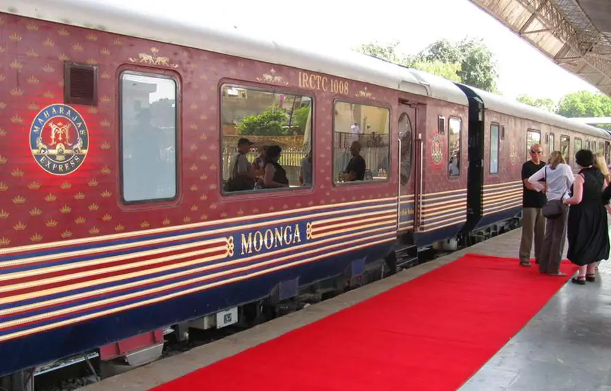 luxury train red dining car interior